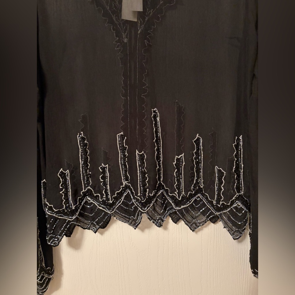 NWT For Joseph 100% Silk Black Sheer Hand-beaded Blouse Scalloped Hem Large - Picture 15 of 16